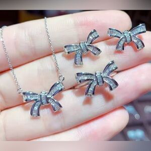18K White Gold Baguette Diamond Bow Necklace Earrings Ring Coordinating Suit Set